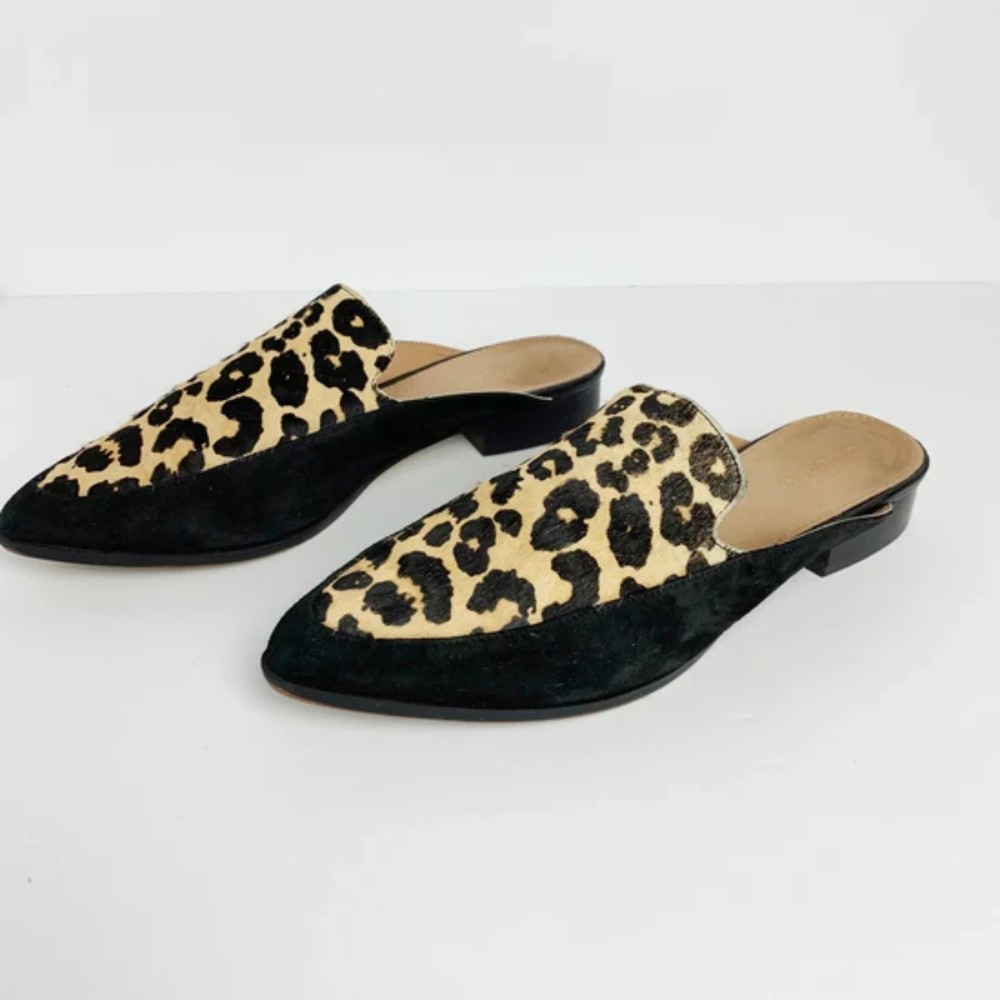 Halogen Size 6.5 M Leather Calf Hair Leopard Print Pointed Toe Mule Slides